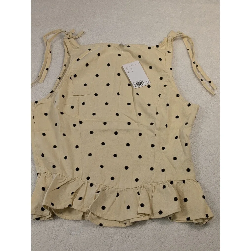 HM Divided Polka Dot Peplum Top Cream Cotton Linen Tie Strap Small NEW